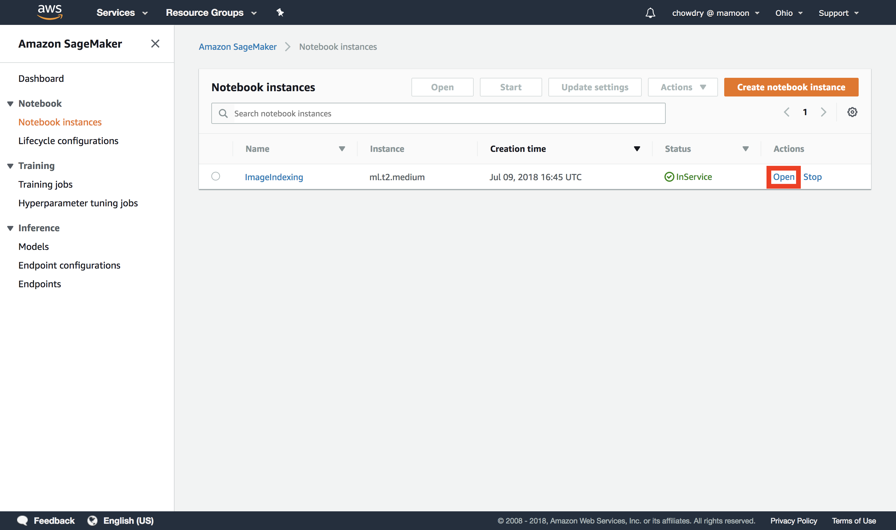 Screenshot of the AWS SageMaker console showing the Notebook instances dashboard, with an ml.t2.medium instance named 'ImageIndexing' in service and the 'Open' action highlighted.