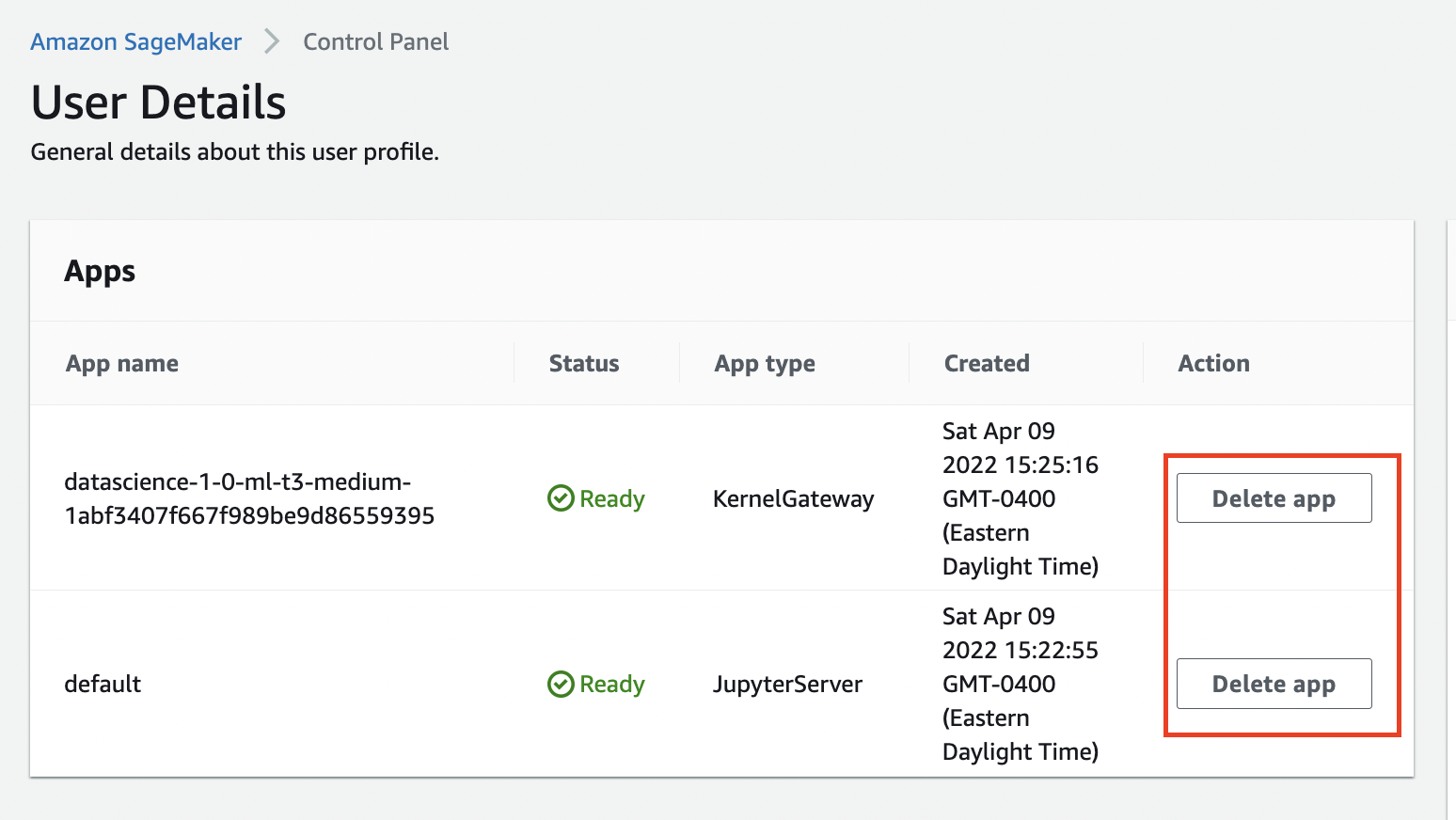 Amazon SageMaker user details page showing two apps, both with "Ready" status and options to delete the apps.
