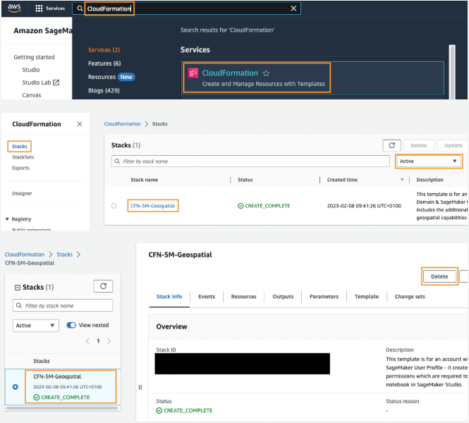 Screenshot tutorial showing the steps to delete a CloudFormation stack for SageMaker Geospatial Capabilities. The image highlights how to select CloudFormation from AWS services, locate the geospatial stack, and click the 'Delete' button.
