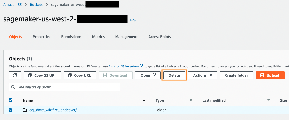 Screenshot showing the process of deleting a folder named 'eoj_dixie_wildfire_landcover' from an Amazon S3 bucket in the AWS Management Console, specifically for use with SageMaker Geospatial. The Delete button is highlighted.