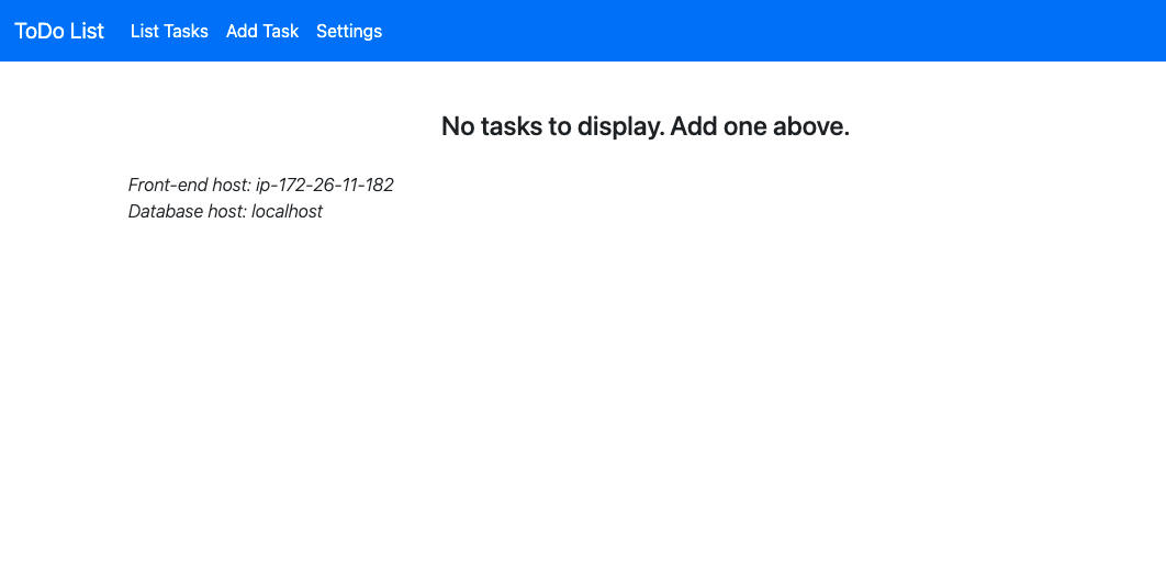 Screenshot of the AWS Lightsail To-Do List application showing an empty state with no tasks to display and navigation options at the top.
