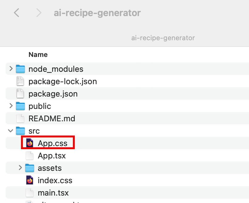 Screenshot of the file structure for the 'ai-recipe-generator' project, highlighting the 'App.css' file in the 'src' folder as part of a tutorial step to modify the app's CSS for a serverless web application with generative AI.