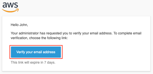 "Email verification message from AWS with a button labeled 'Verify your email address' and a note that the link expires in 7 days."