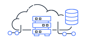 Illustration of cloud computing with servers and a database icon connected by lines.