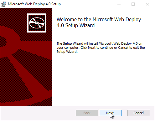 "Microsoft Web Deploy 4.0 Setup Wizard screen with options to proceed or cancel installation."