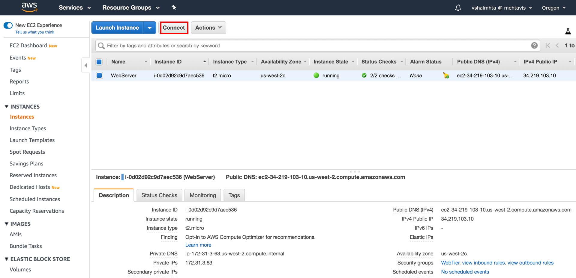 AWS EC2 dashboard showing a running t2.micro instance named "WebServer" in the us-west-2c availability zone with its public and private IP details.