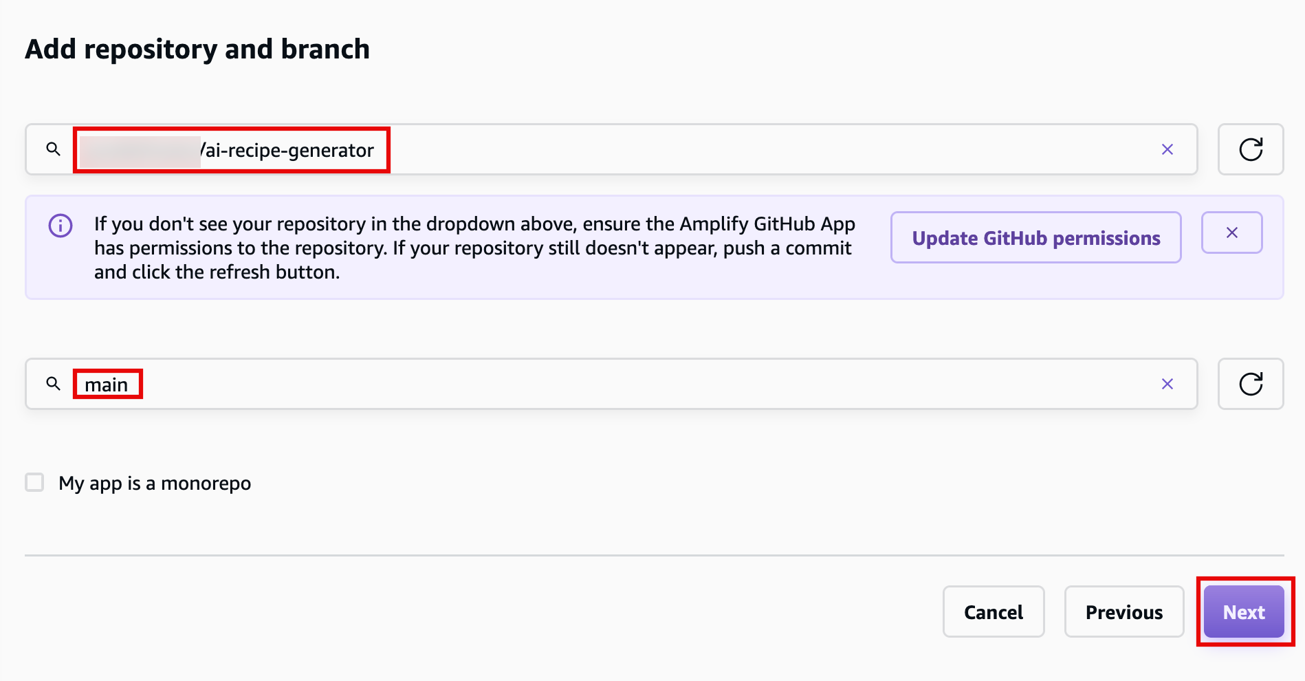 Screenshot of the 'Add repository and branch' screen in AWS Amplify showing repository selection, branch selection, and navigation options such as Cancel, Previous, and Next.