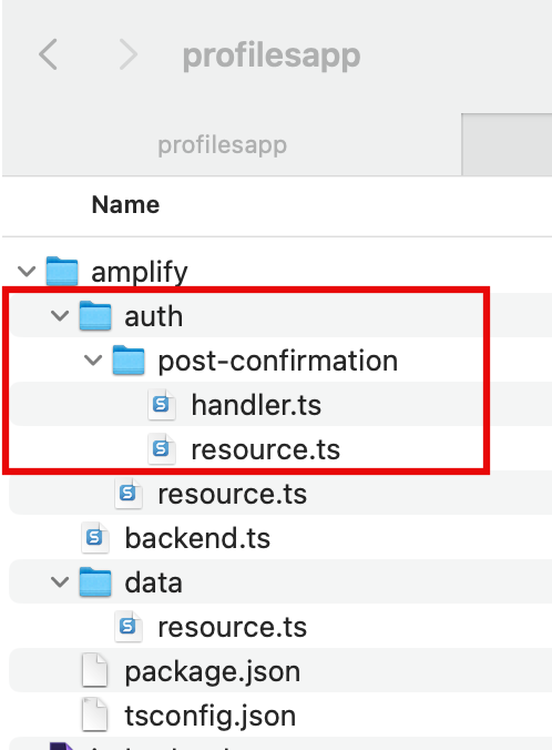 Screenshot of a sample file structure for a basic web application tutorial, showing folders such as amplify, auth, and data, with TypeScript files like handler.ts and resource.ts highlighted under post-confirmation in the auth folder.