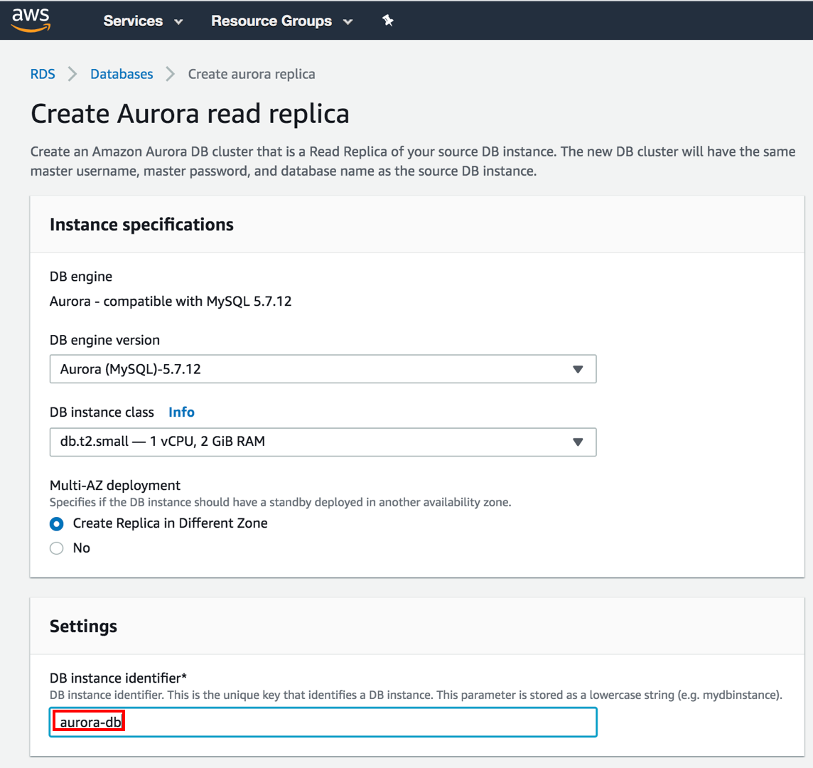 Screenshot of the AWS console showing the "Create Aurora read replica" page with options for DB engine, instance class, Multi-AZ deployment, and a DB instance identifier set to "aurora-db".