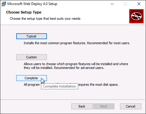 "Microsoft Web Deploy 4.0 Setup window showing setup type options: Typical, Custom, and Complete, with 'Complete' selected."