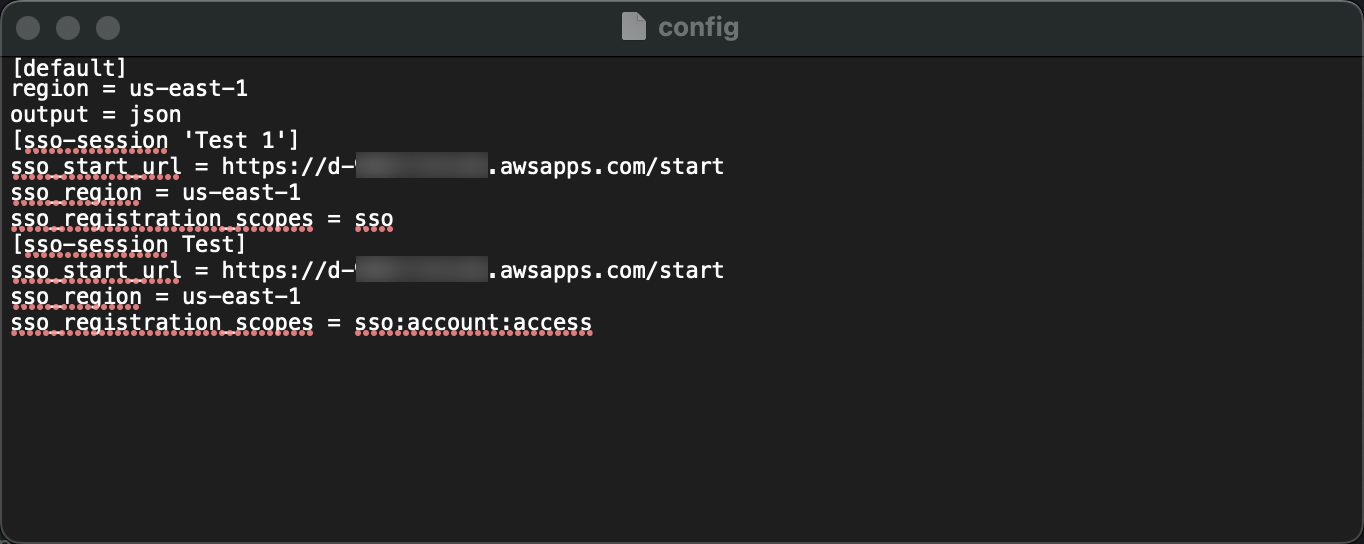 A configuration file displayed in a code editor, showing AWS SSO settings with regions, start URLs, and registration scopes.