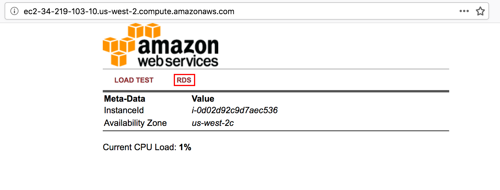Amazon Web Services RDS load test interface showing instance ID, availability zone, and current CPU load at 1%.