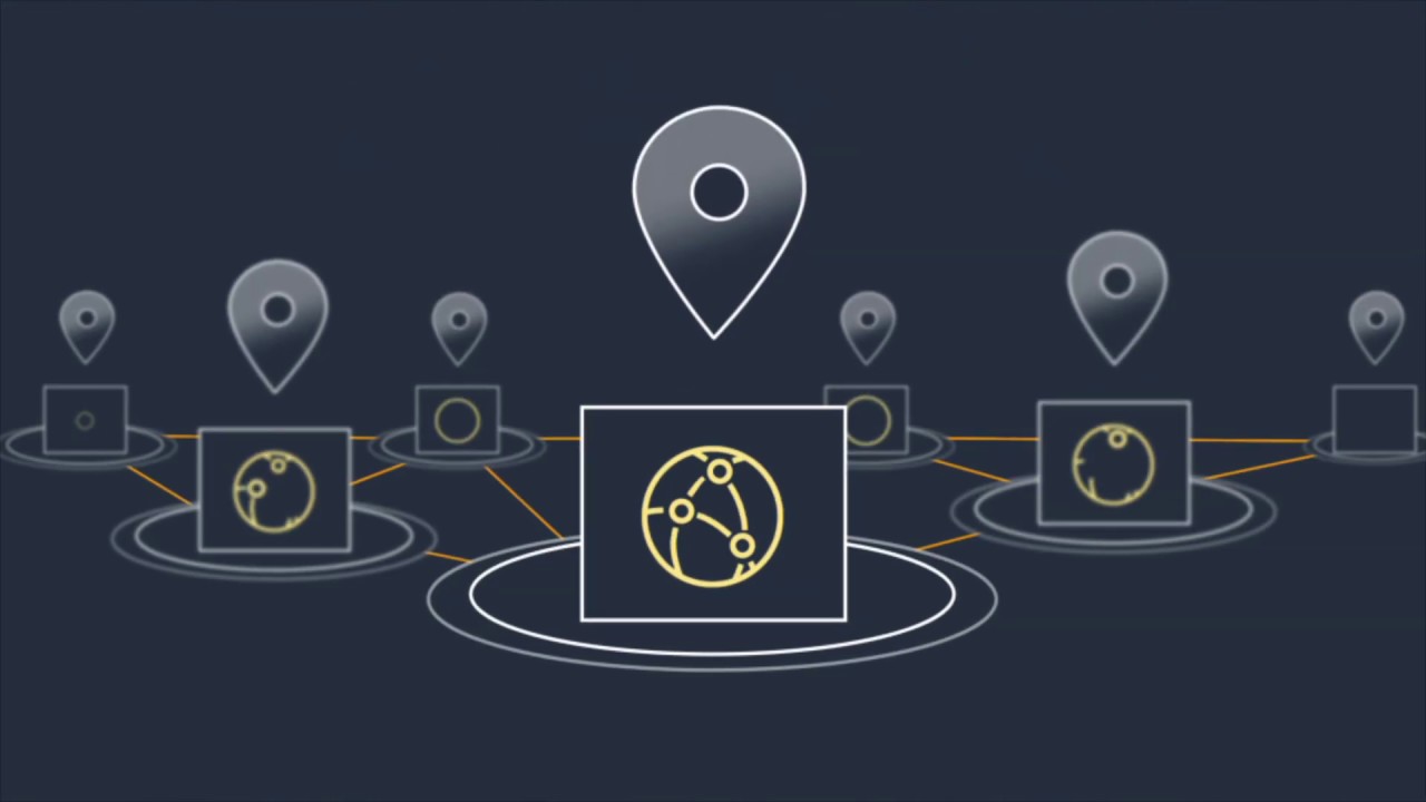 Illustration depicting AWS network connectivity across multiple locations, represented by network nodes and location pins on a dark background.