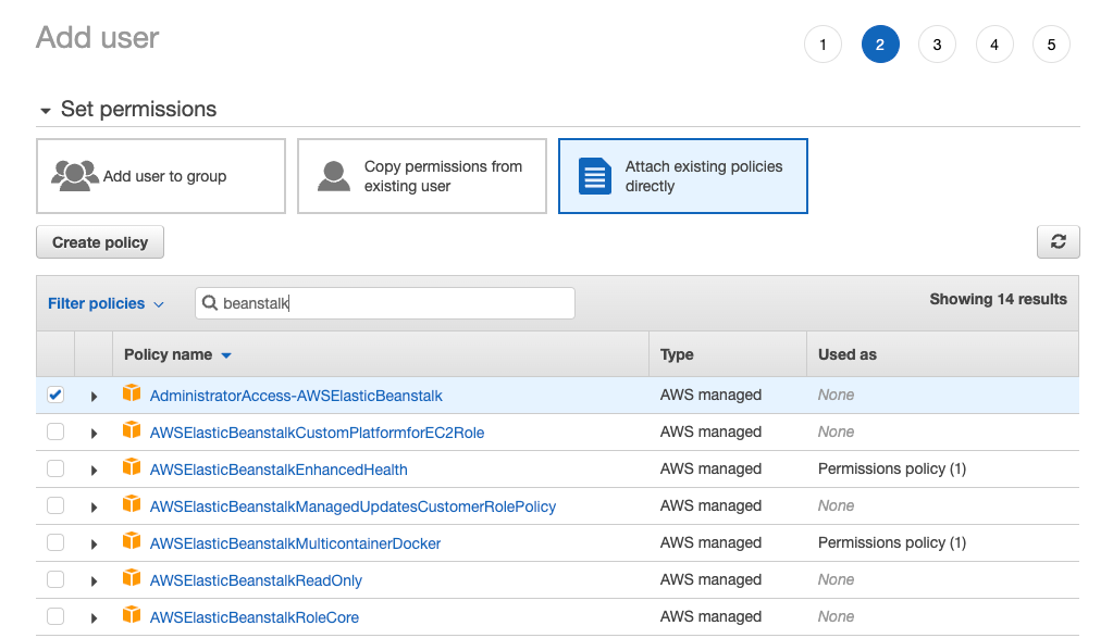 Screenshot showing the process of attaching an AWS Elastic Beanstalk policy to a user during the permissions step when migrating an ASP.NET web application. The image displays the 'Add user' page in the AWS Management Console, where Beanstalk-related AWS managed policies are being filtered and selected under 'Set permissions'.
