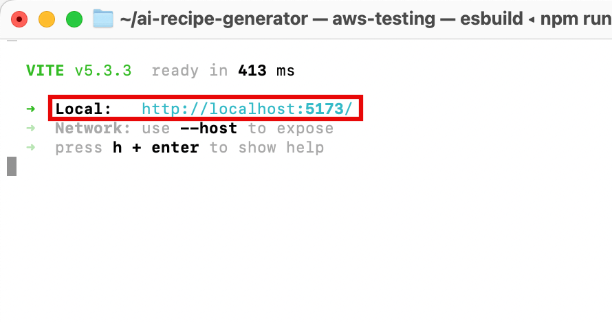 Screenshot showing the terminal output after running a local server for a serverless web app generative AI tutorial (Module 5). The text highlights the local server address (http://localhost:5173/) indicating the app is running locally.
