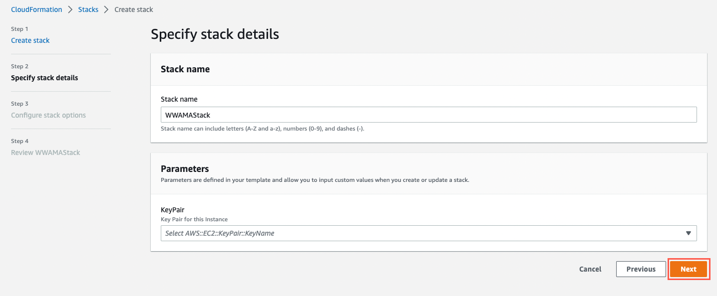 Screenshot of the AWS CloudFormation console showing the 'Specify stack details' step for migrating an ASP.NET web application, where the user enters a stack name and selects a key pair parameter before proceeding to the next step.