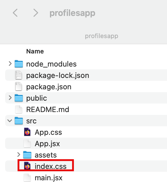 Screenshot of a file explorer showing the profilesapp project directory. The src folder is expanded to reveal App.css, App.jsx, an assets folder, main.jsx, and a highlighted index.css file, which is outlined in red. This is commonly used for basic web application tutorials demonstrating file organization in React projects.