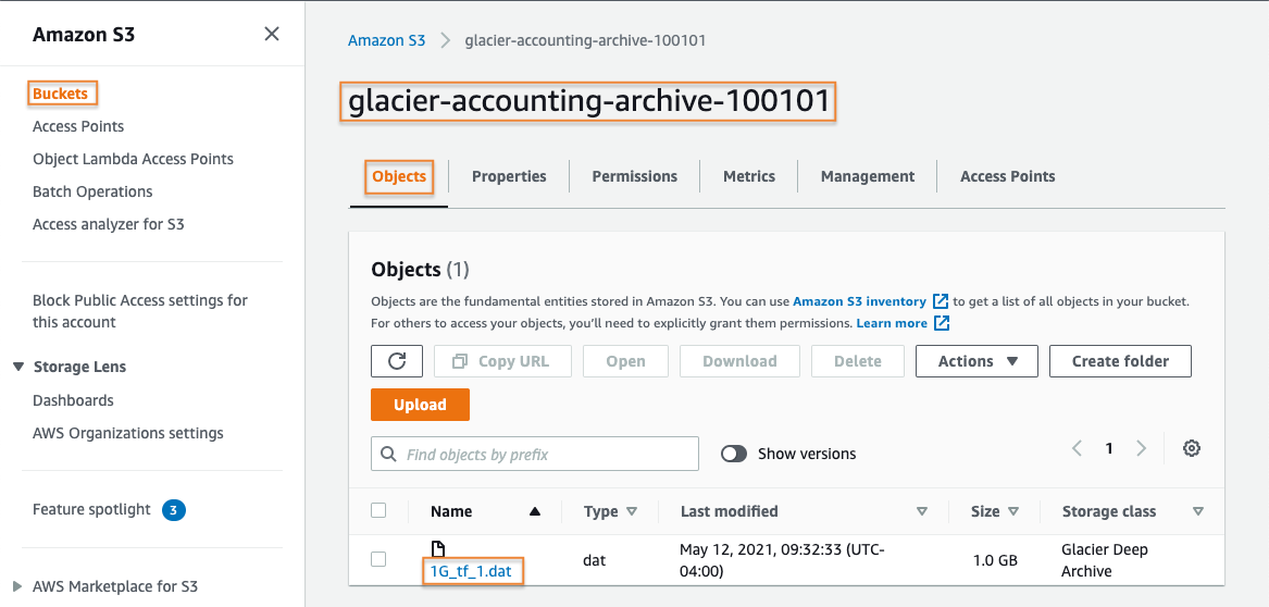 Screenshot of the Amazon S3 management console showing a bucket named 'glacier-accounting-archive-100101' with objects stored in the Glacier Deep Archive storage class. The image demonstrates how to view and initiate the restore process for archived objects using S3 Glacier storage classes.