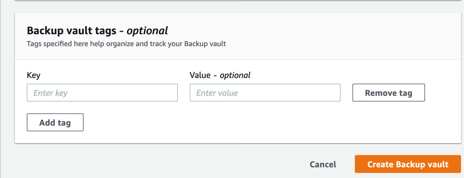 "Form interface for adding optional backup vault tags with fields for key and value, and buttons to add or remove tags, alongside 'Cancel' and 'Create Backup vault' options."