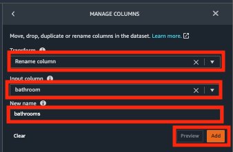 A data management interface showing options to rename a column from "bathroom" to "bathrooms" with buttons for preview and add.