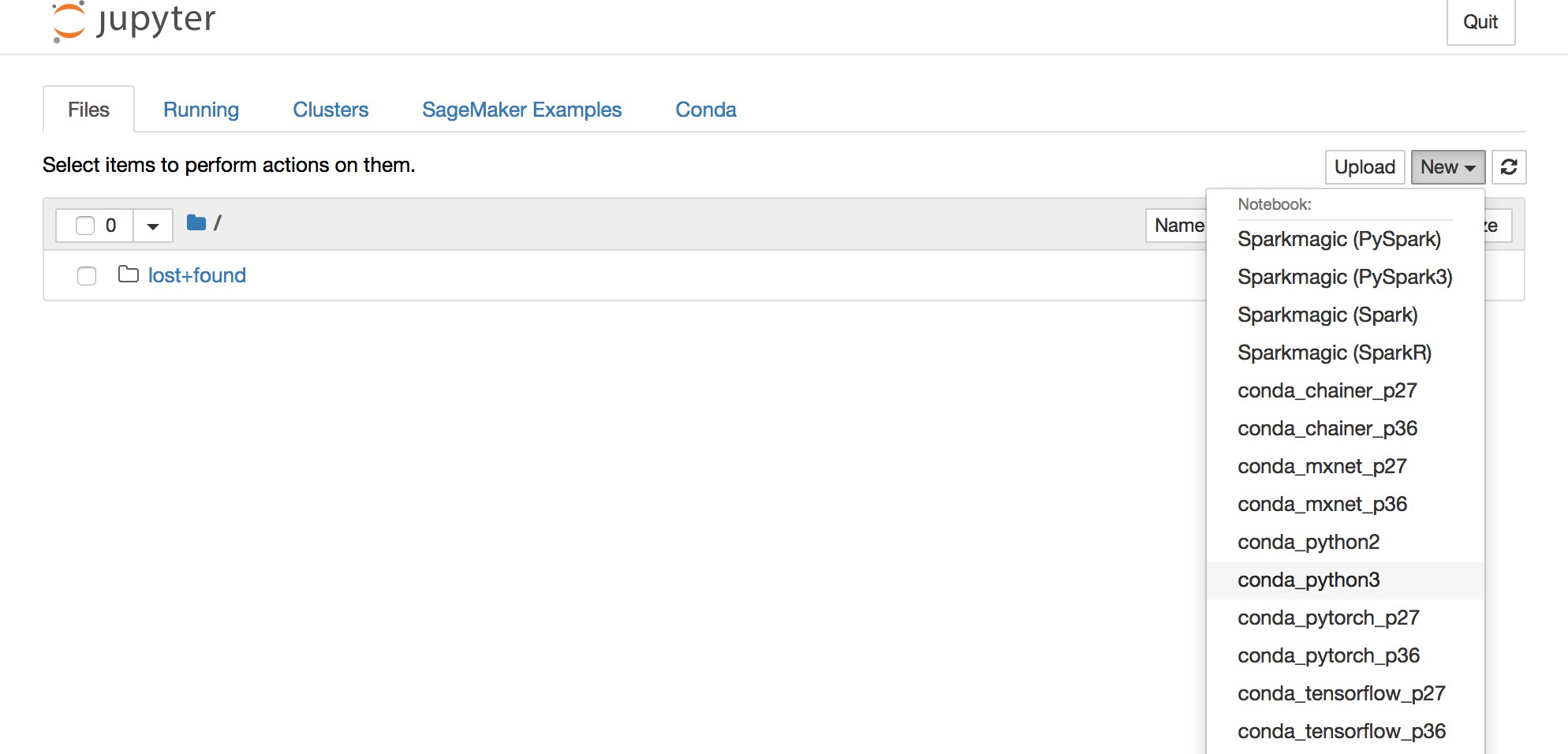 Screenshot of the Jupyter Notebook interface showing the 'New' dropdown menu for selecting different notebook kernels, including Python, PyTorch, TensorFlow, and Spark options.