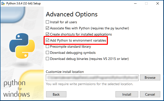 Screenshot of the Python 3.6.4 (32-bit) Windows setup advanced options, highlighting the 'Add Python to environment variables' option. Intended for a tutorial on setting up the command line environment for AWS Elastic Beanstalk on Windows.