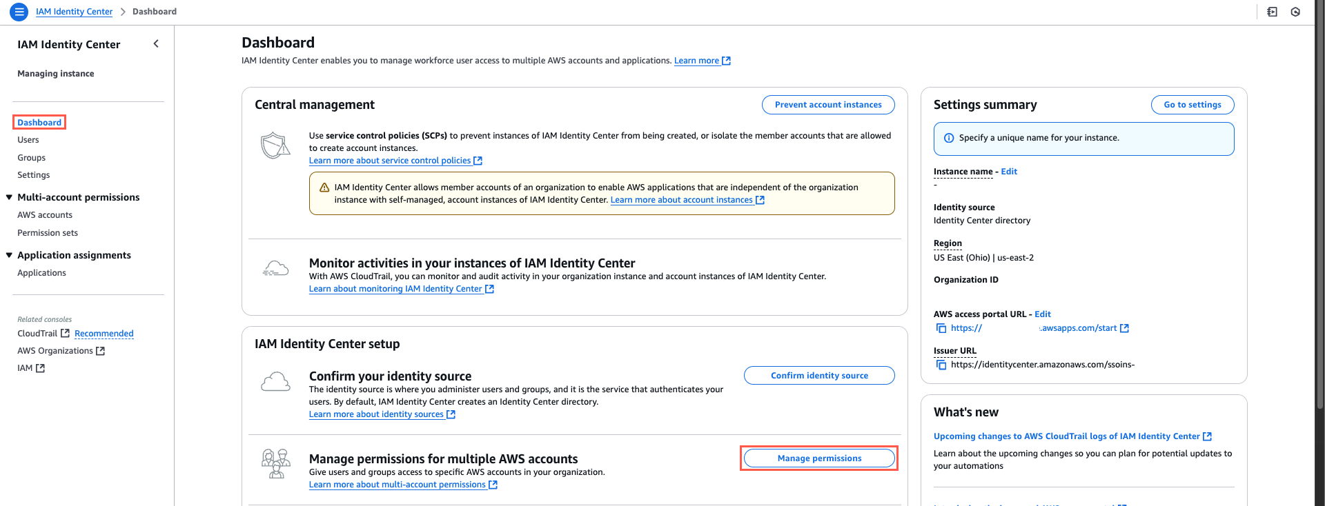 Alt-text: Screenshot of the IAM Identity Center dashboard in AWS, showing navigation options on the left, central management tasks in the middle, and settings summary on the right.
