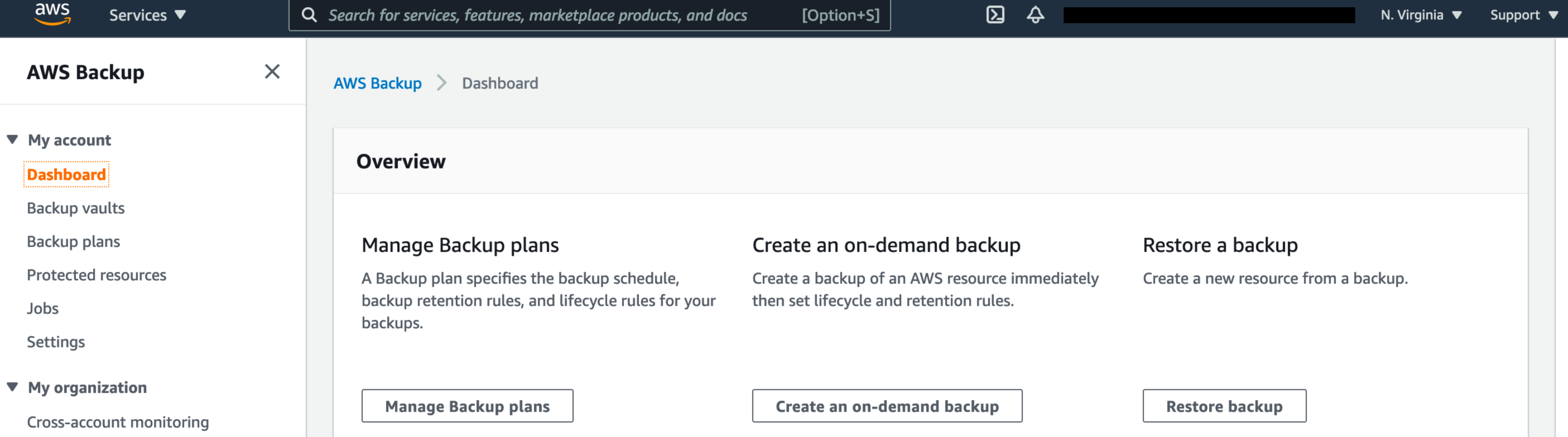 AWS Backup dashboard interface showing options to manage backup plans, create an on-demand backup, and restore a backup, with a navigation menu on the left.