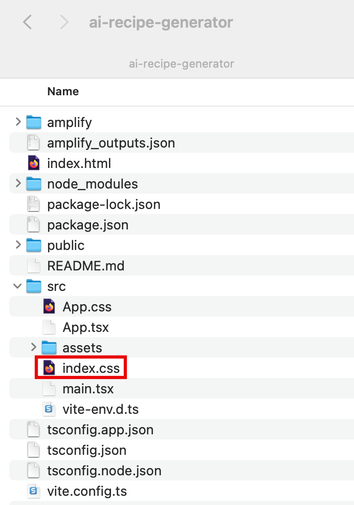 Screenshot of the file structure for an 'ai-recipe-generator' project, highlighting the 'index.css' file within the 'src/assets' directory. This image is used in Module 5 of the tutorial to show how to modify CSS for the project.