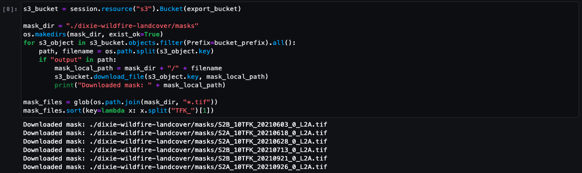 Screenshot of a Python script downloading geospatial mask files from an S3 bucket, as shown in an Amazon SageMaker tutorial. The code filters objects, downloads TIF mask files into a local directory, and prints completed mask downloads, demonstrating batch geospatial data retrieval with AWS services.