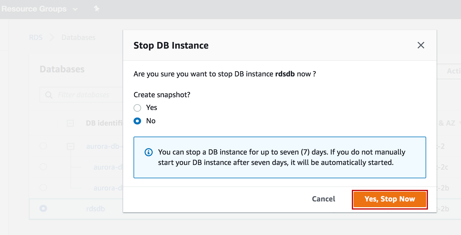"Confirmation dialog to stop a database instance with options to create a snapshot and a warning about automatic restart after seven days, featuring 'Cancel' and 'Yes, Stop Now' buttons."