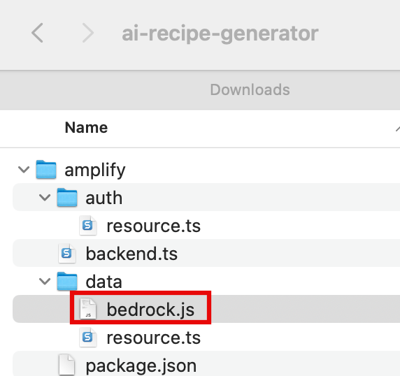 Screenshot of a file directory for the ai-recipe-generator project, showing folders amplify, auth, data, and files such as resource.ts, backend.ts, package.json. The file bedrock.js is highlighted in the data folder.