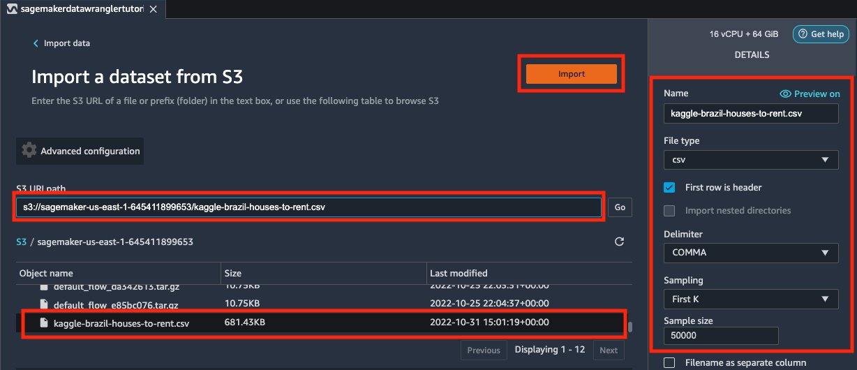 Screenshot of the AWS SageMaker Data Wrangler interface showing the process of importing a dataset from S3, with the file "kaggle-brazil-houses-to-rent.csv" selected and configuration details displayed.