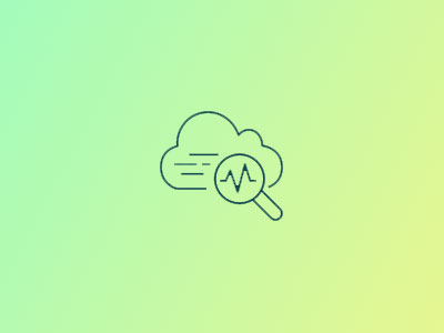 Cloud icon with a magnifying glass showing a heartbeat line, on a green-to-yellow gradient background.