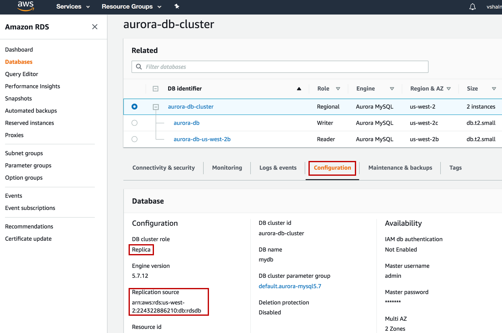 Alt-text: AWS RDS dashboard showing the configuration details of an Aurora DB cluster, including DB cluster role as Replica, replication source ARN, and availability settings.