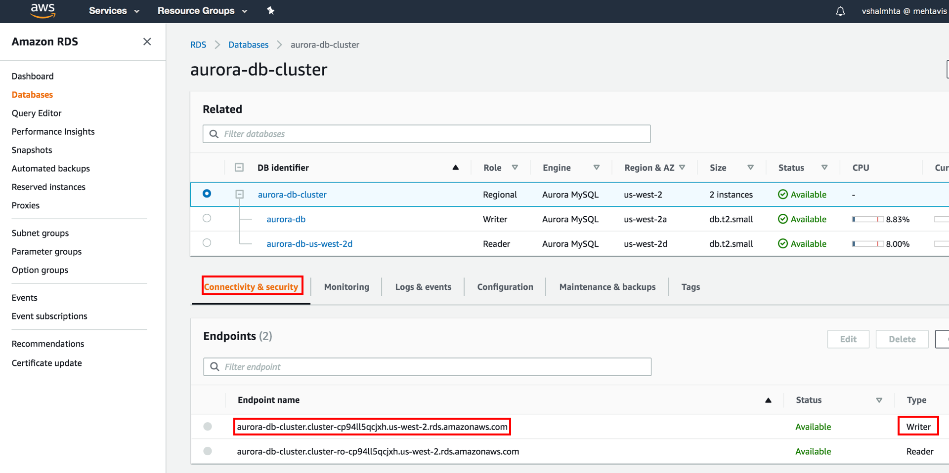 AWS RDS dashboard showing details of an Aurora DB cluster, including roles (Regional, Writer, Reader), endpoints, and connectivity & security settings.