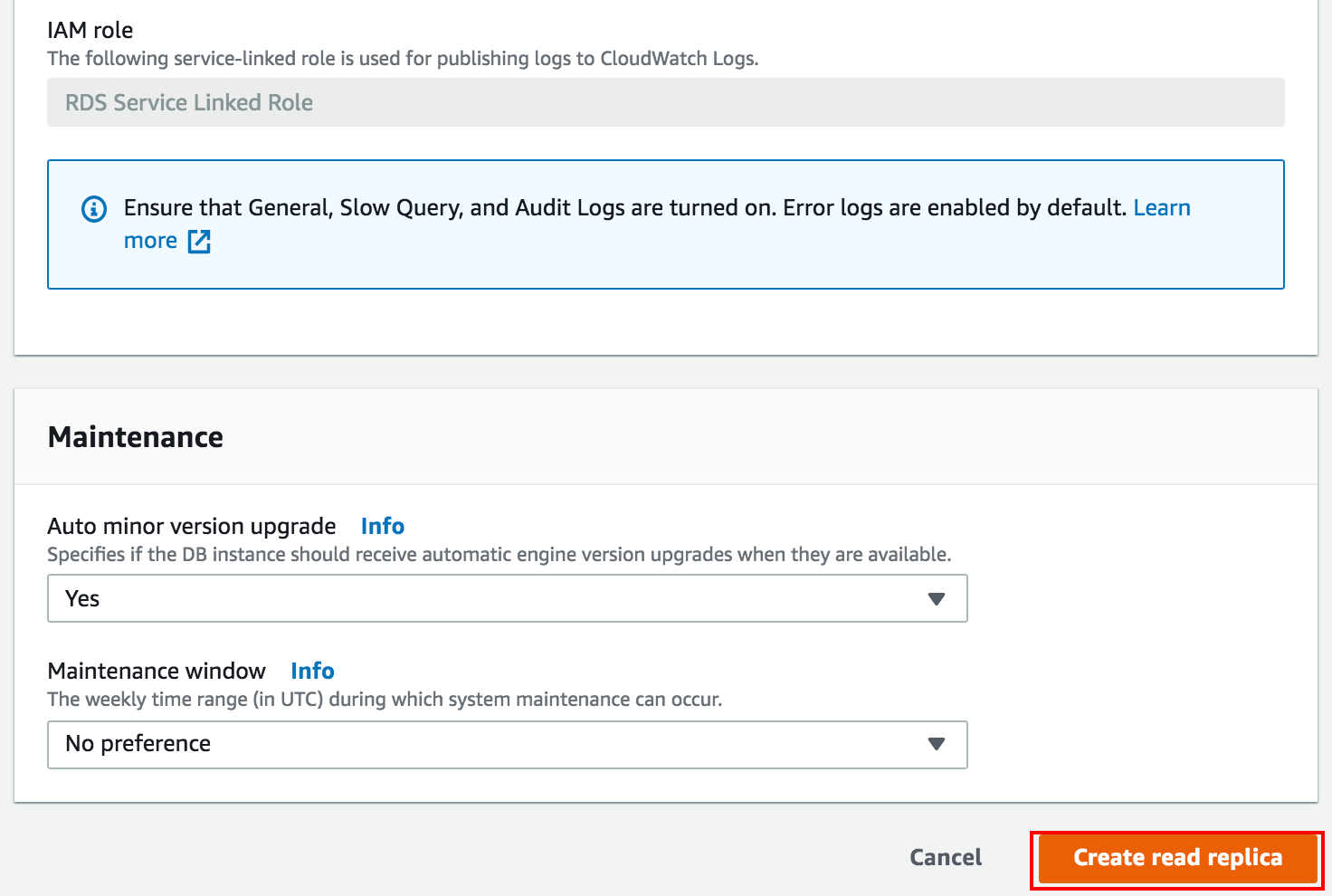"Database settings interface showing IAM role, log recommendations, maintenance options, and a 'Create read replica' button."