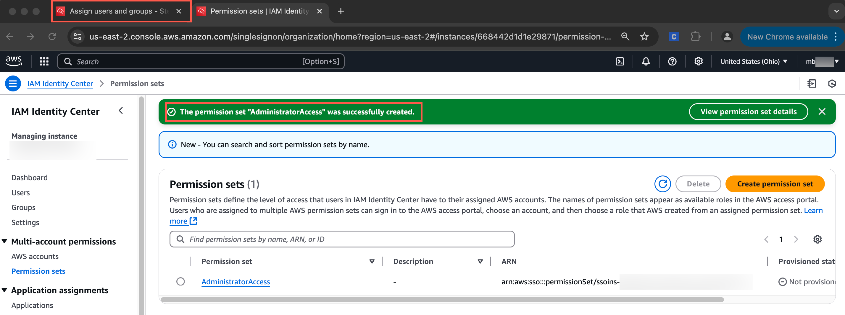 Alt-text: AWS IAM Identity Center interface showing a confirmation message that the "AdministratorAccess" permission set was successfully created.