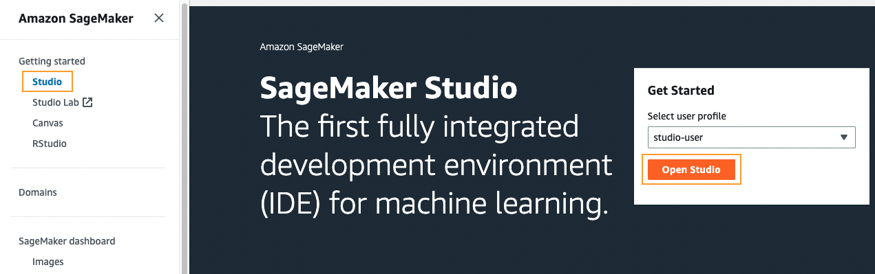 Screenshot of the Amazon SageMaker Studio interface showing the Getting Started section, Studio menu highlighted, and the 'Open Studio' button in the Get Started panel. The display notes SageMaker Studio as the first fully integrated development environment (IDE) for machine learning.