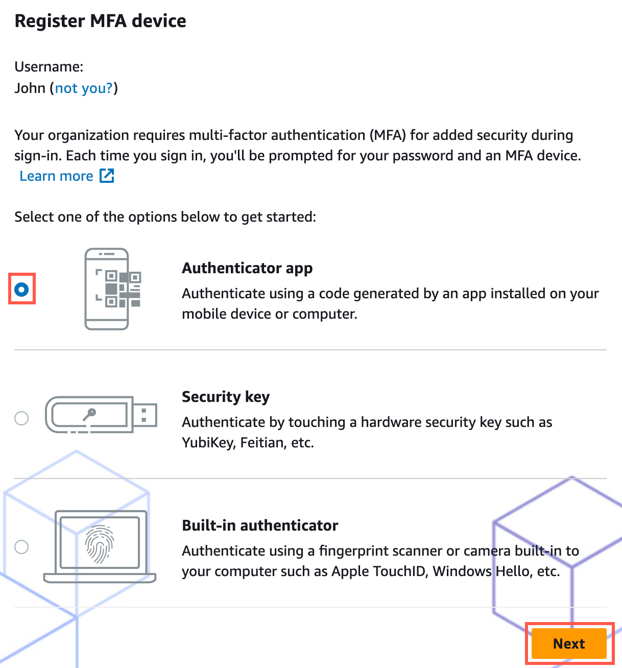 "Registration screen for multi-factor authentication (MFA) device with options for authenticator app, security key, or built-in authenticator; 'Authenticator app' is selected, and a 'Next' button is highlighted."