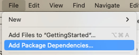 Screenshot showing the File menu in an iOS development environment with the 'Add Package Dependencies...' option highlighted, part of the Amplify getting started tutorial for building iOS apps.