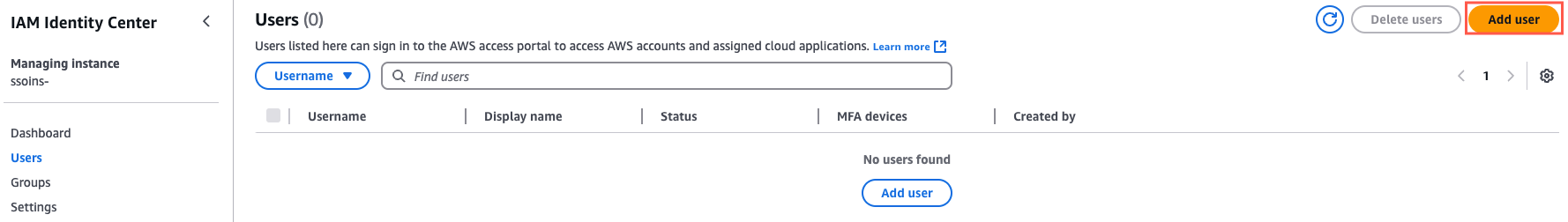 Screenshot of the AWS IAM Identity Center "Users" page showing no users listed, with options to search, add a user, or delete users.