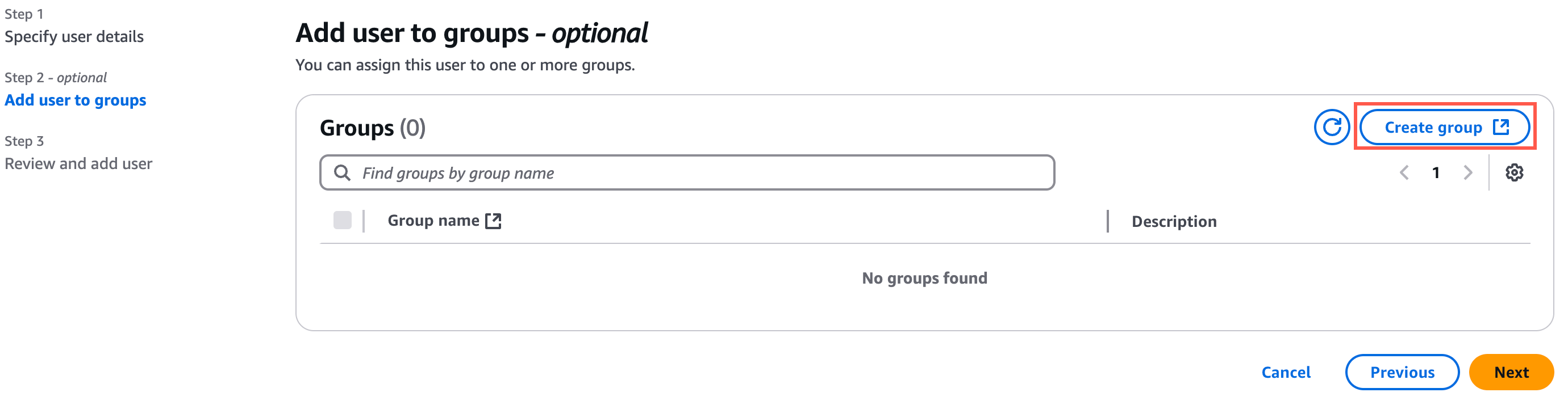 "Add user to groups interface with a search bar, 'No groups found' message, and a highlighted 'Create group' button."