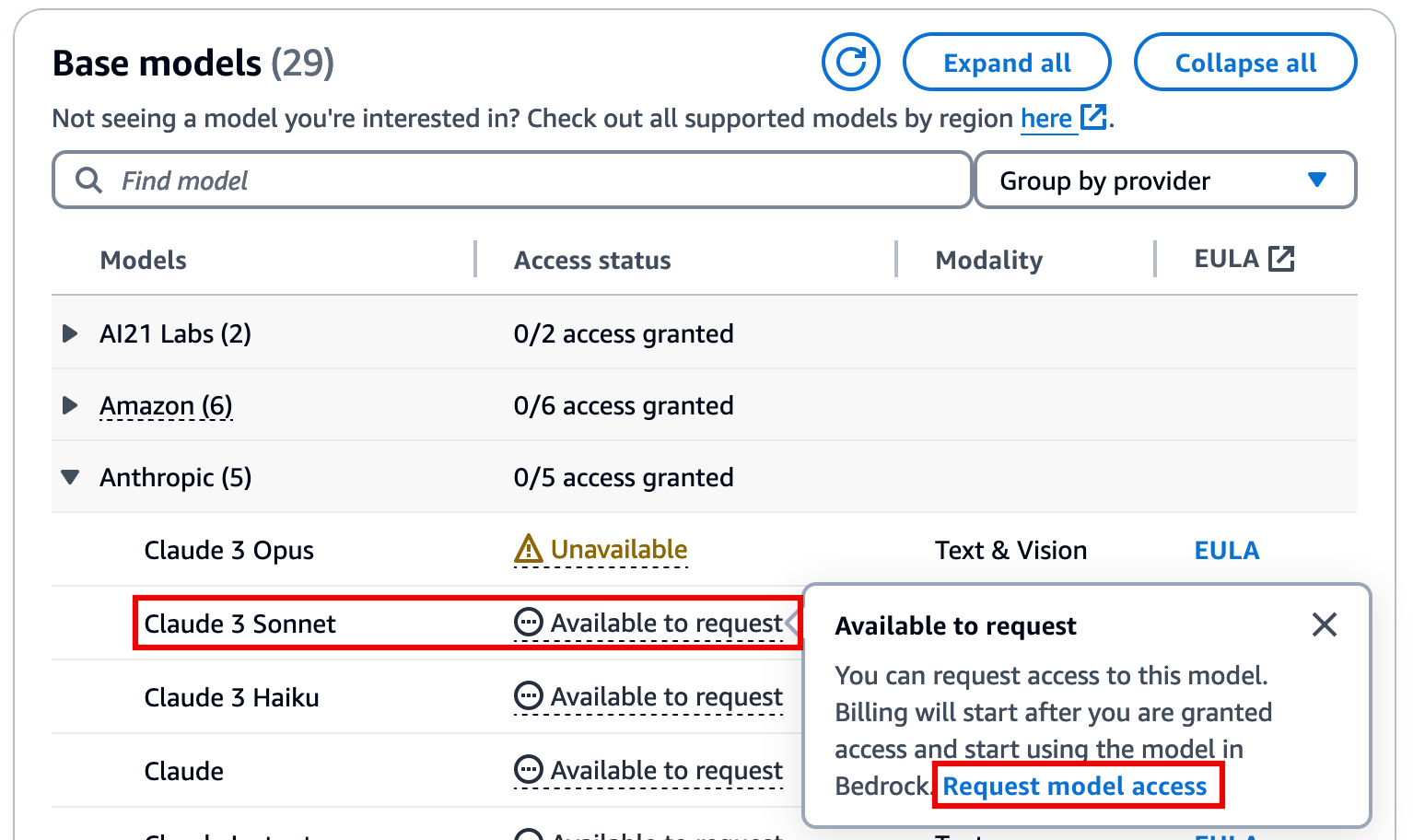 Screenshot showing the 'Base models' selection panel from the AWS Management Console, displaying options for base model providers (AI21 Labs, Amazon, Anthropic) and access status. The panel highlights model access options such as 'Unavailable' and 'Available to request' with an example for Claude 3 Sonnet, as seen in a tutorial for building serverless web apps with generative AI.