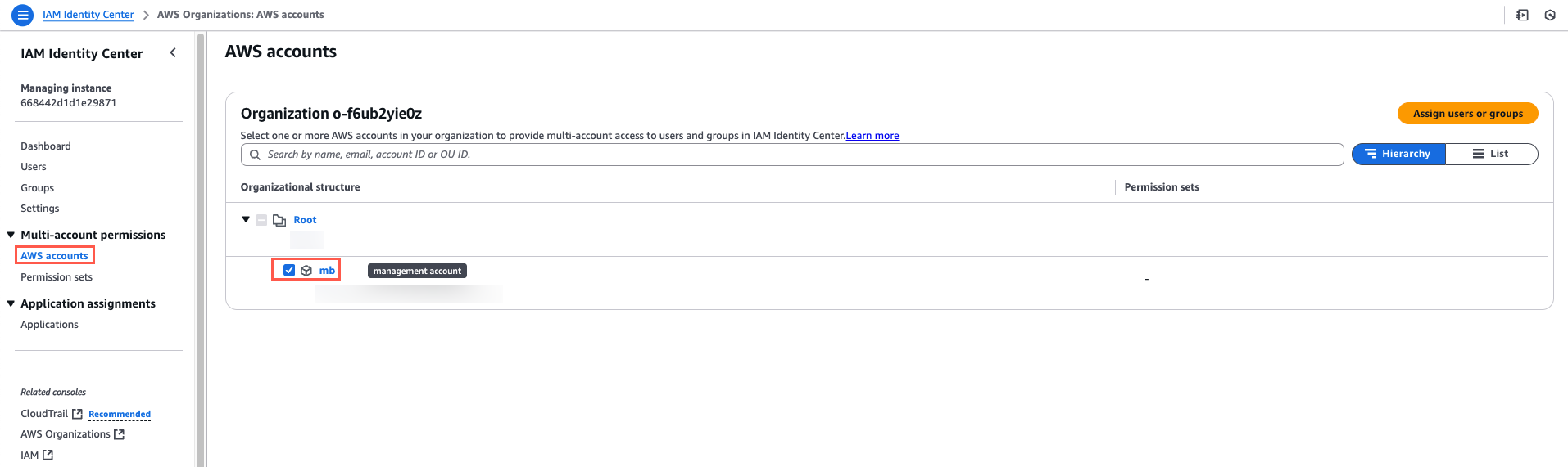 Screenshot of the AWS Identity Center interface showing the "AWS accounts" section with a selected management account under the organizational structure.
