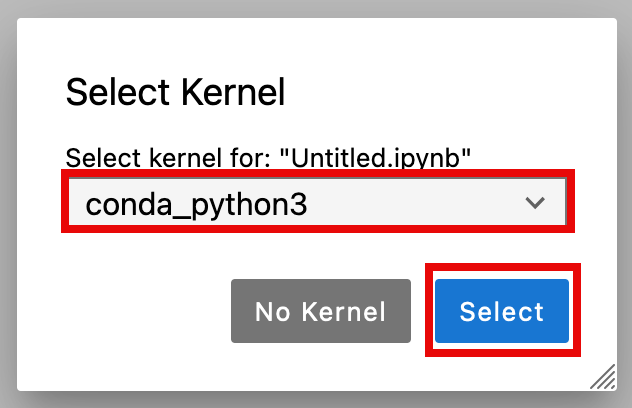 Dialog box titled "Select Kernel" with a dropdown showing "conda_python3" selected and two buttons: "No Kernel" and "Select."