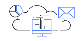 Illustration of cloud computing with a monitor, pie chart, and envelope icons connected to a cloud.