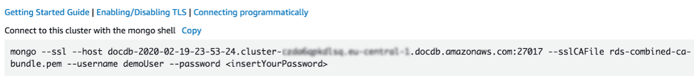 Screenshot showing an example command to connect to an Amazon DocumentDB cluster using the mongo shell with SSL parameters and user credentials.