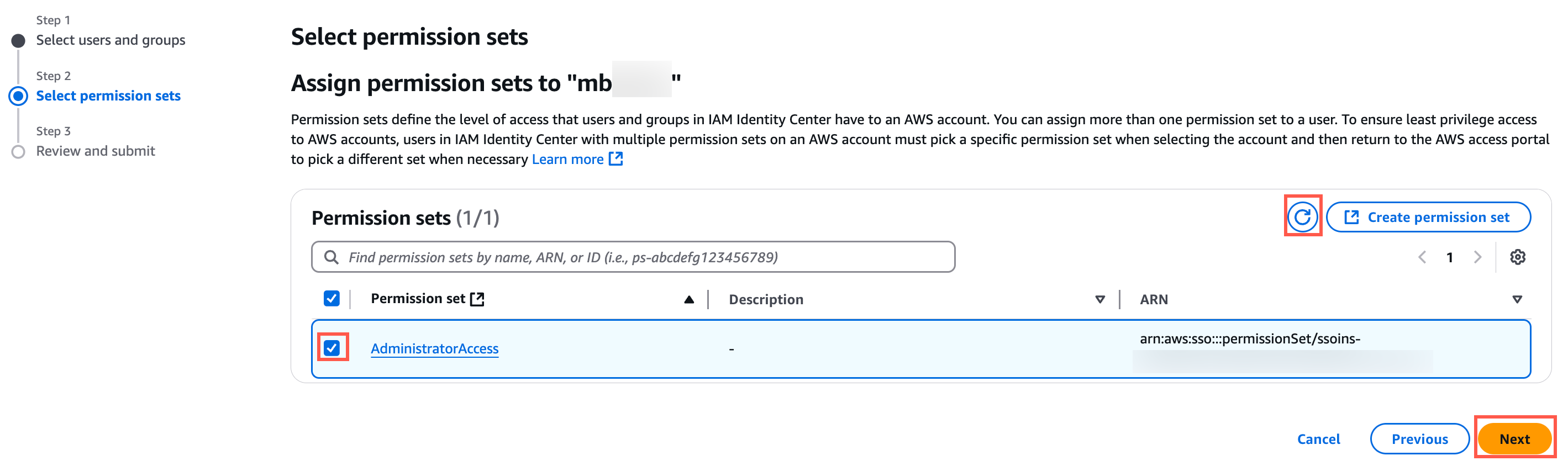 AWS IAM Identity Center interface showing the "Select permission sets" step, with "AdministratorAccess" permission set selected and the "Next" button highlighted.