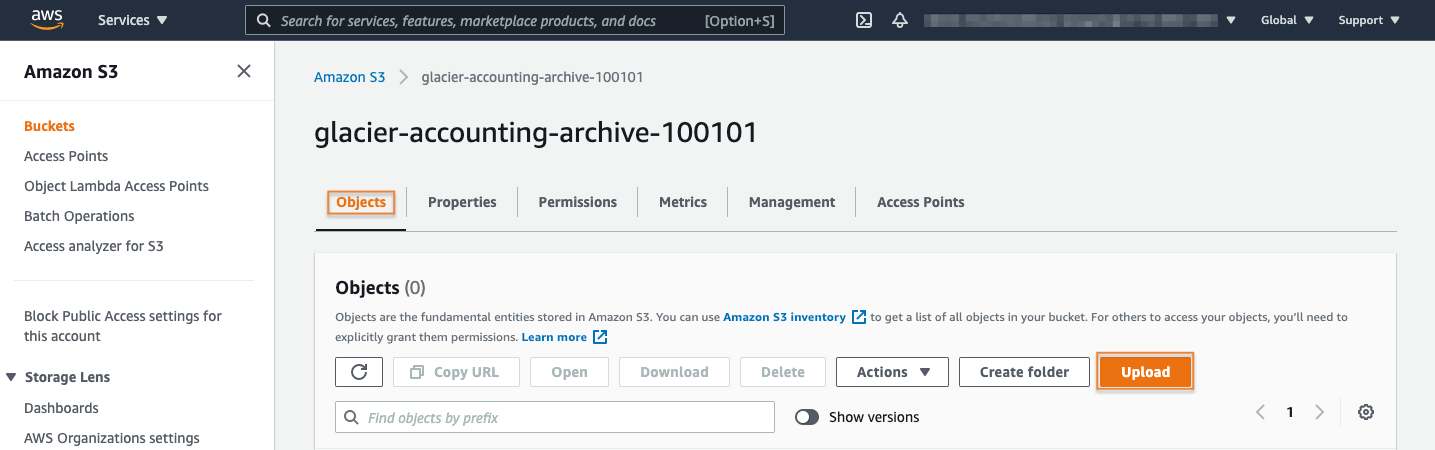 Screenshot of the Amazon S3 console showing the 'glacier-accounting-archive-100101' bucket with the Objects tab selected, highlighting the 'Upload' button for uploading an object in a Glacier storage class tutorial.
